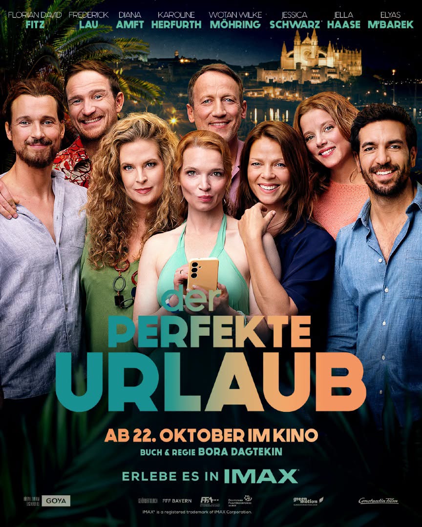 Filmplakat "Der perfekte Urlaub" mit den acht Hauptdarstellern