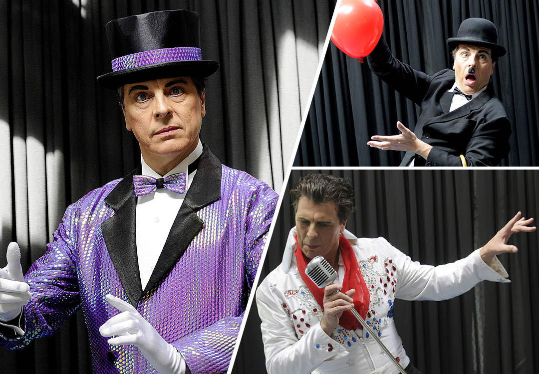 Künstler "Mister He" als Pantomime, Charlie Chaplin und Elvis Presley